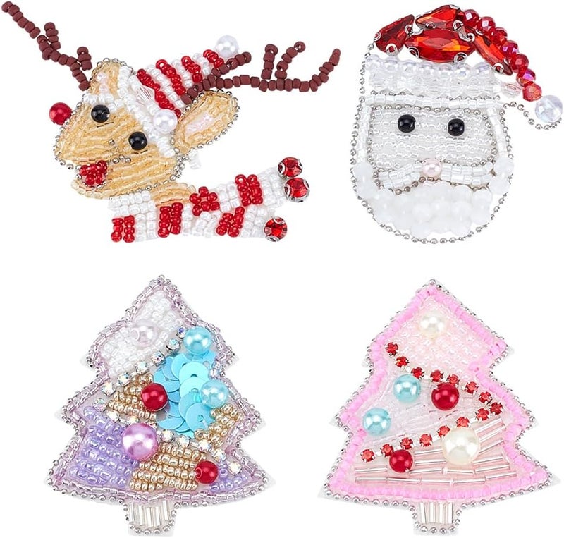 BEUNITONE 4pcs Beaded Christmas Applique Patches for DIY Accessories Decorative Sew On Christmas Reindeer Santa Claus Patches for Garments Handbags Crafts DIY DIY Clothing Repair Decoration - Image 1